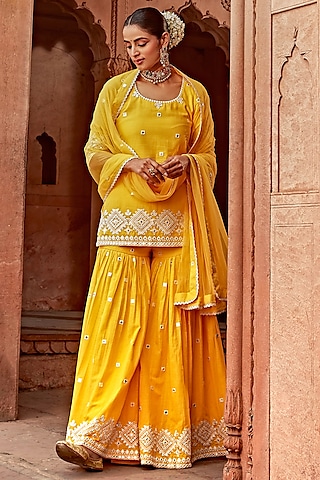 Yellow Cotton Mulmul Thread Work Sharara Set by PREEVIN