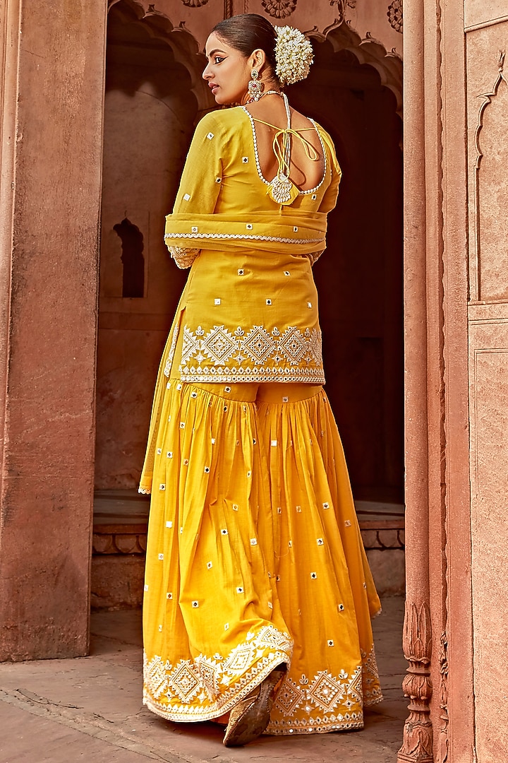 Yellow Cotton Mulmul Thread Work Sharara Set by PREEVIN at Pernia's Pop Up Shop
