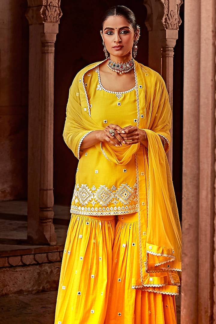 Yellow Cotton Mulmul Thread Work Sharara Set by PREEVIN at Pernia's Pop Up Shop