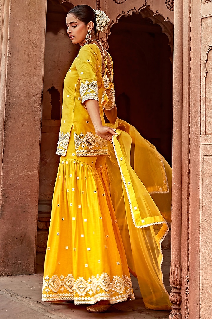 Yellow Cotton Mulmul Thread Work Sharara Set by PREEVIN at Pernia's Pop Up Shop