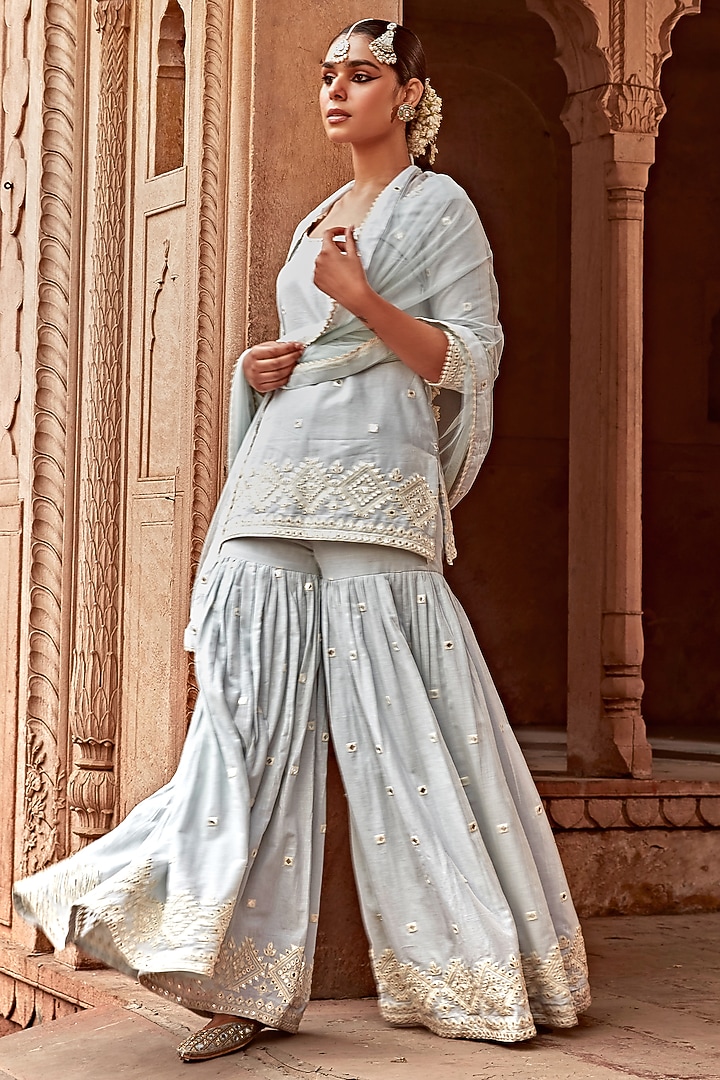 Ice Blue Cotton Mulmul Thread Work Sharara Set by PREEVIN at Pernia's Pop Up Shop