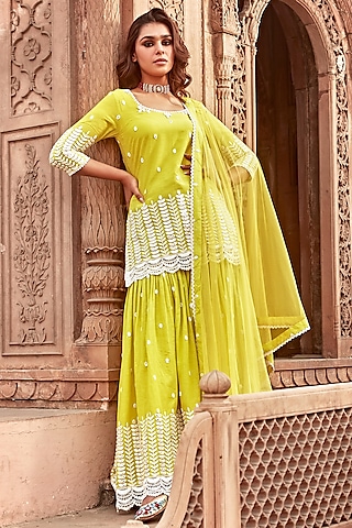 Neon Green Cotton Mulmul Thread Work Sharara Set by PREEVIN