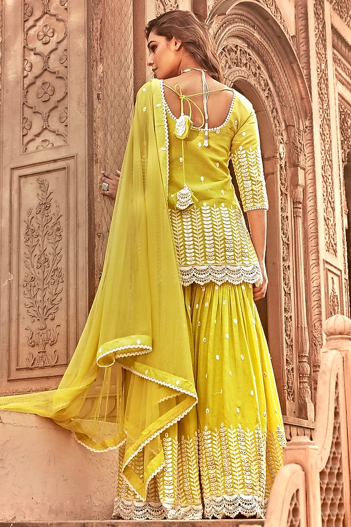 Neon Green Cotton Mulmul Thread Work Sharara Set by PREEVIN at Pernia's Pop Up Shop