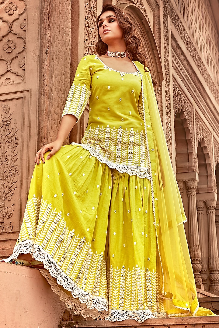 Neon Green Cotton Mulmul Thread Work Sharara Set by PREEVIN at Pernia's Pop Up Shop