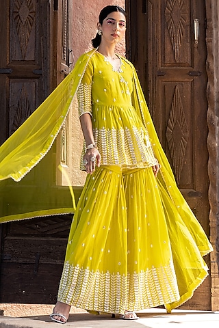 Neon Green Cotton Mulmul Thread Work Sharara Set by PREEVIN