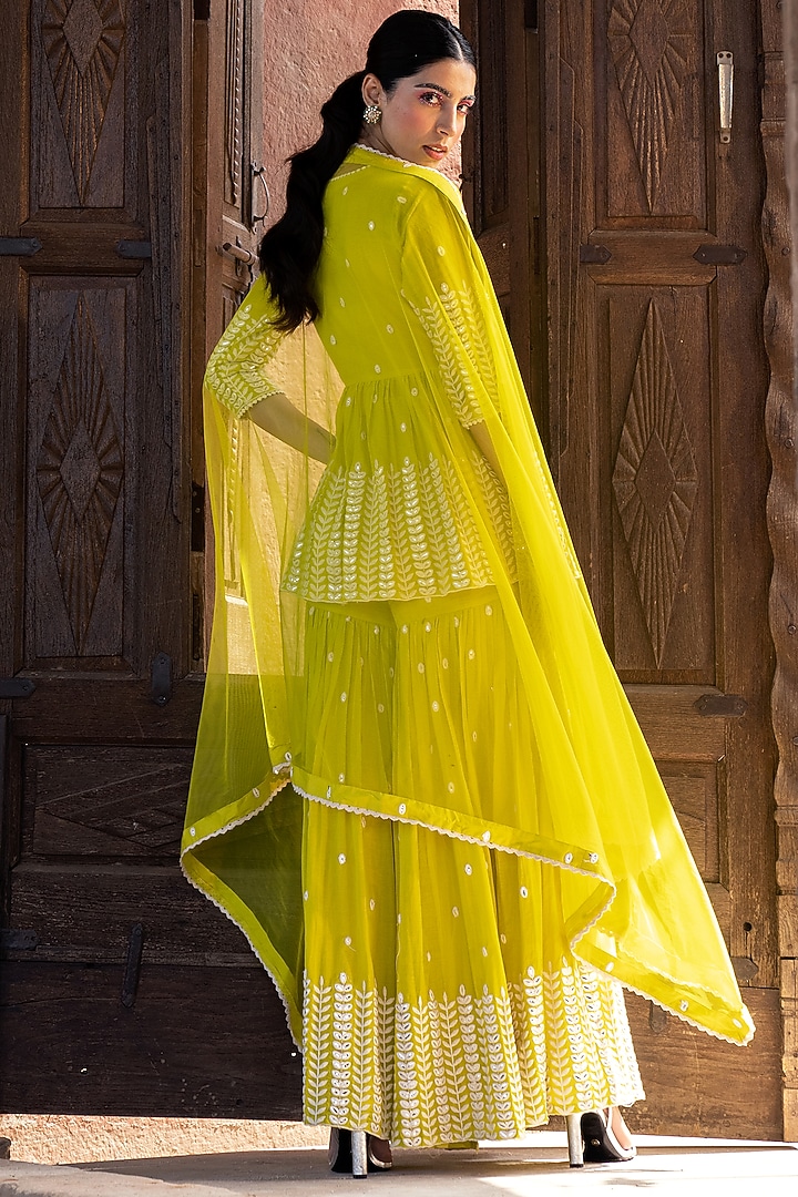 Neon Green Cotton Mulmul Thread Work Sharara Set by PREEVIN at Pernia's Pop Up Shop