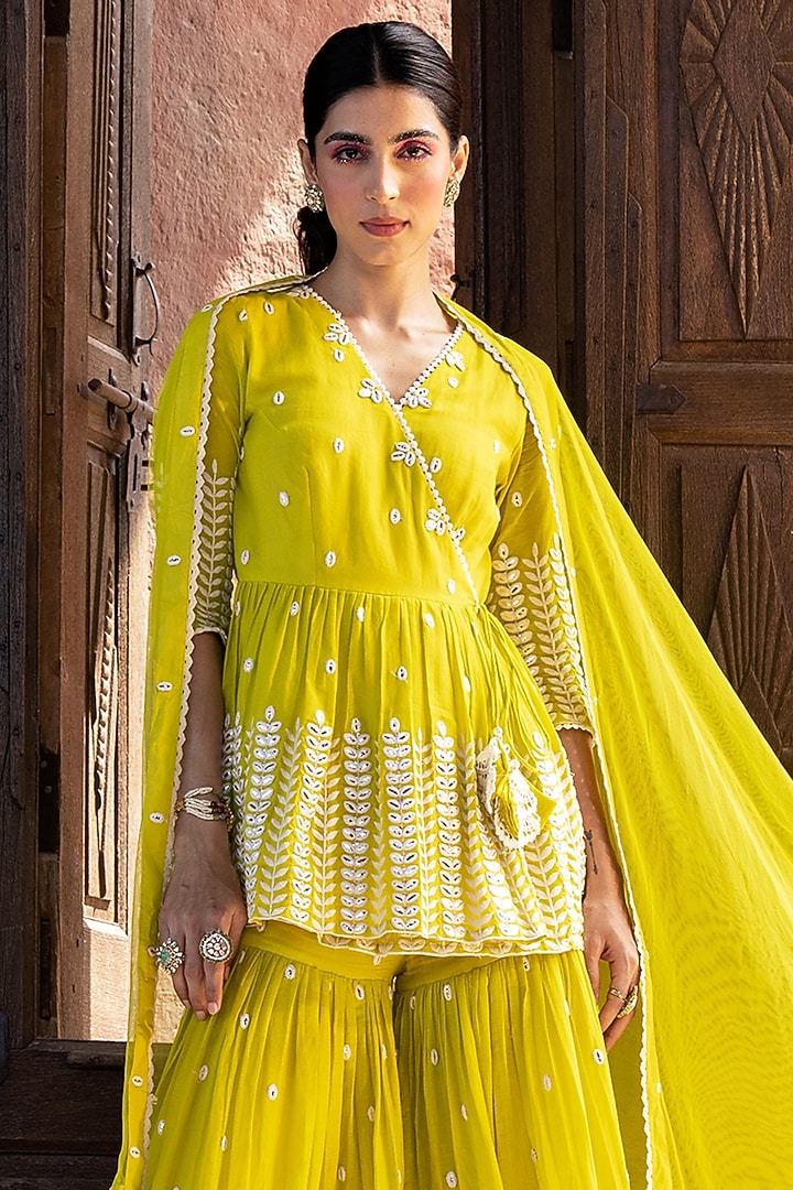 Neon Green Cotton Mulmul Thread Work Sharara Set by PREEVIN at Pernia's Pop Up Shop