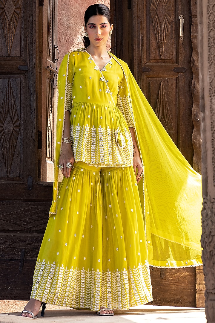 Neon Green Cotton Mulmul Thread Work Sharara Set by PREEVIN at Pernia's Pop Up Shop