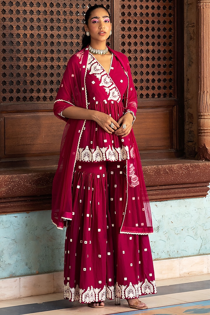 Red Cotton Mulmul Thread & Mirror Work Sharara Set by PREEVIN at Pernia's Pop Up Shop