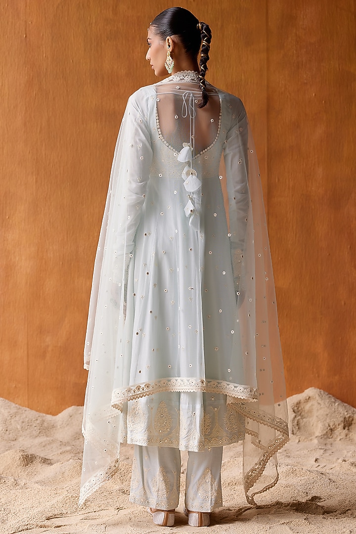 Ice Blue Cotton Mulmul Thread & Mirror Work Party Wear Anarkali Set by PREEVIN at Pernia's Pop Up Shop