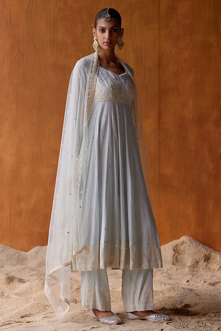 Ice Blue Cotton Mulmul Thread & Mirror Work Party Wear Anarkali Set by PREEVIN at Pernia's Pop Up Shop