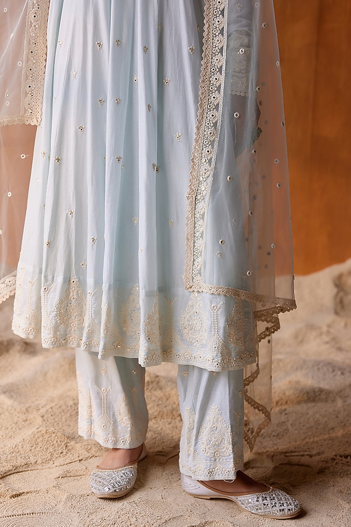 Ice Blue Cotton Mulmul Thread & Mirror Work Party Wear Anarkali Set by PREEVIN at Pernia's Pop Up Shop
