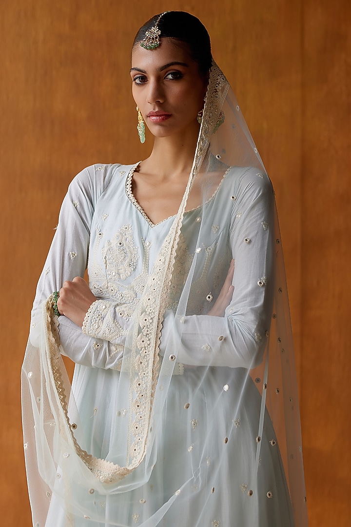 Ice Blue Cotton Mulmul Thread & Mirror Work Party Wear Anarkali Set by PREEVIN at Pernia's Pop Up Shop