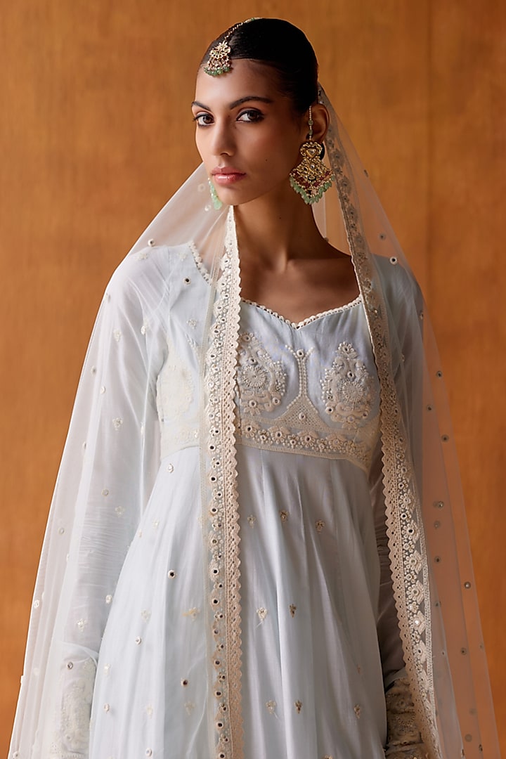 Ice Blue Cotton Mulmul Thread & Mirror Work Party Wear Anarkali Set by PREEVIN at Pernia's Pop Up Shop