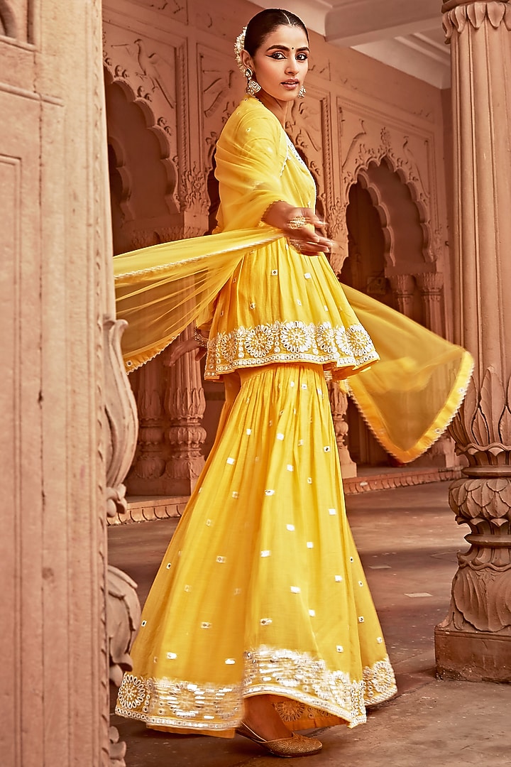 Yellow Cotton Mulmul Thread Work Sharara Set by PREEVIN at Pernia's Pop Up Shop