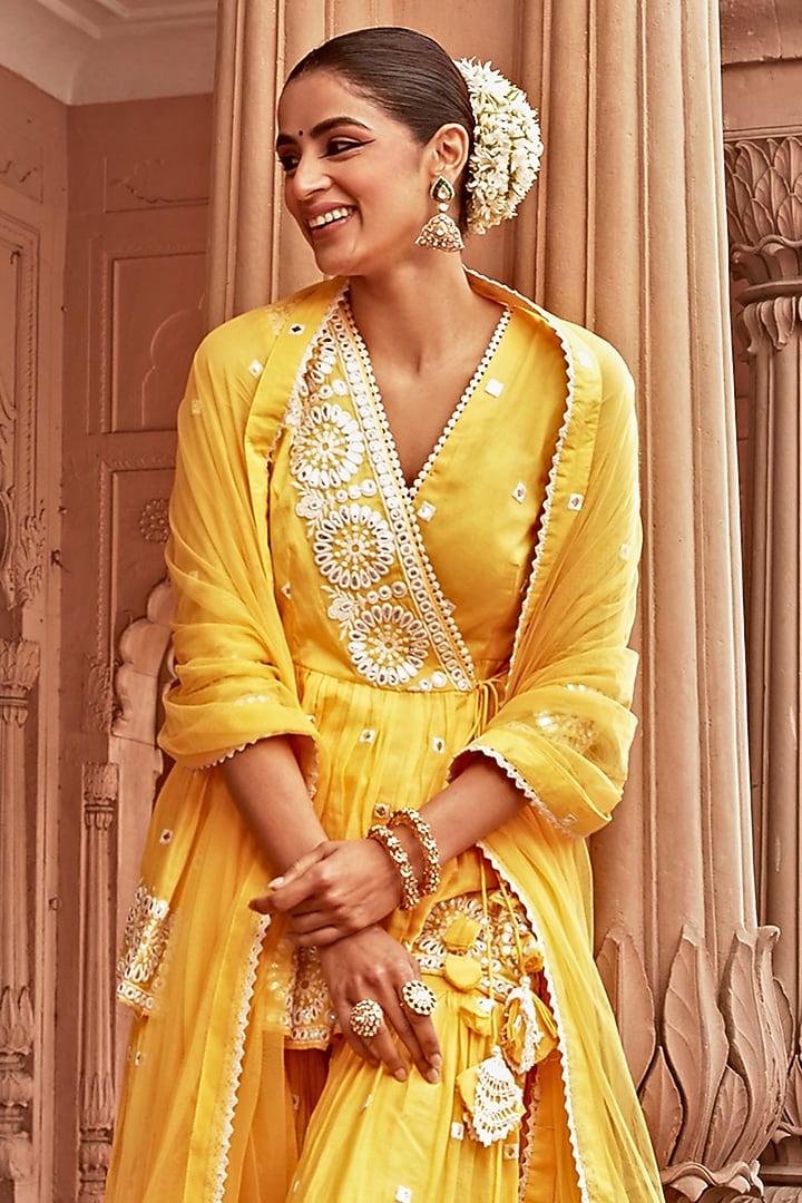 Yellow Cotton Mulmul Thread Work Sharara Set by PREEVIN at Pernia's Pop Up Shop