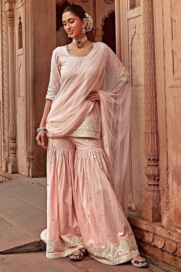 Blush Pink Cotton Mulmul Thread Work Sharara Set by PREEVIN at Pernia's Pop Up Shop