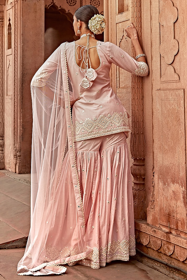 Blush Pink Cotton Mulmul Thread Work Sharara Set by PREEVIN at Pernia's Pop Up Shop