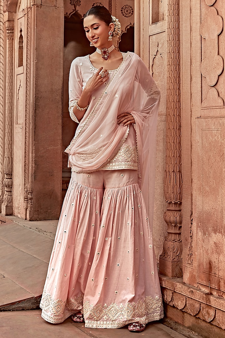 Blush Pink Cotton Mulmul Thread Work Sharara Set by PREEVIN at Pernia's Pop Up Shop