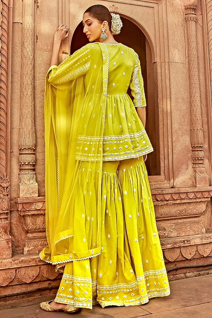 Neon Green Cotton Mulmul Thread Work Sharara Set by PREEVIN at Pernia's Pop Up Shop