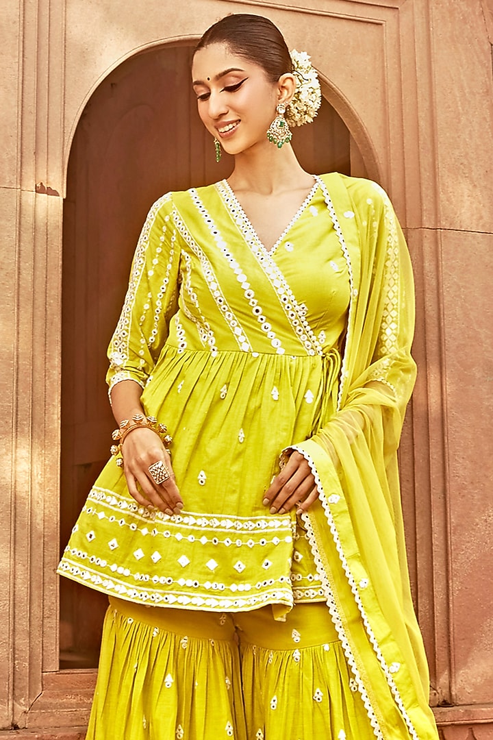 Neon Green Cotton Mulmul Thread Work Sharara Set by PREEVIN at Pernia's Pop Up Shop