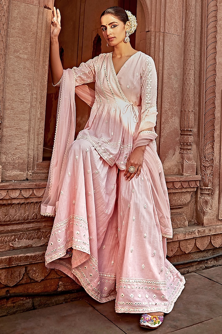 Blush Pink Cotton Mulmul Thread Work Sharara Set by PREEVIN at Pernia's Pop Up Shop