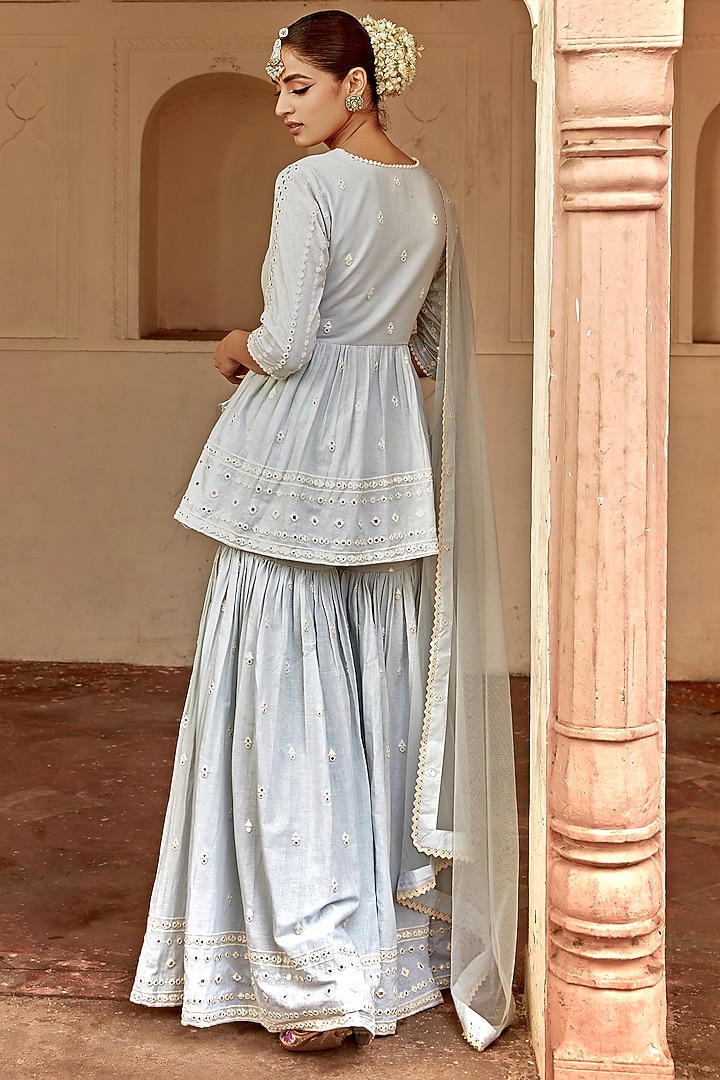 Ice Blue Cotton Mulmul Thread Work Sharara Set by PREEVIN at Pernia's Pop Up Shop