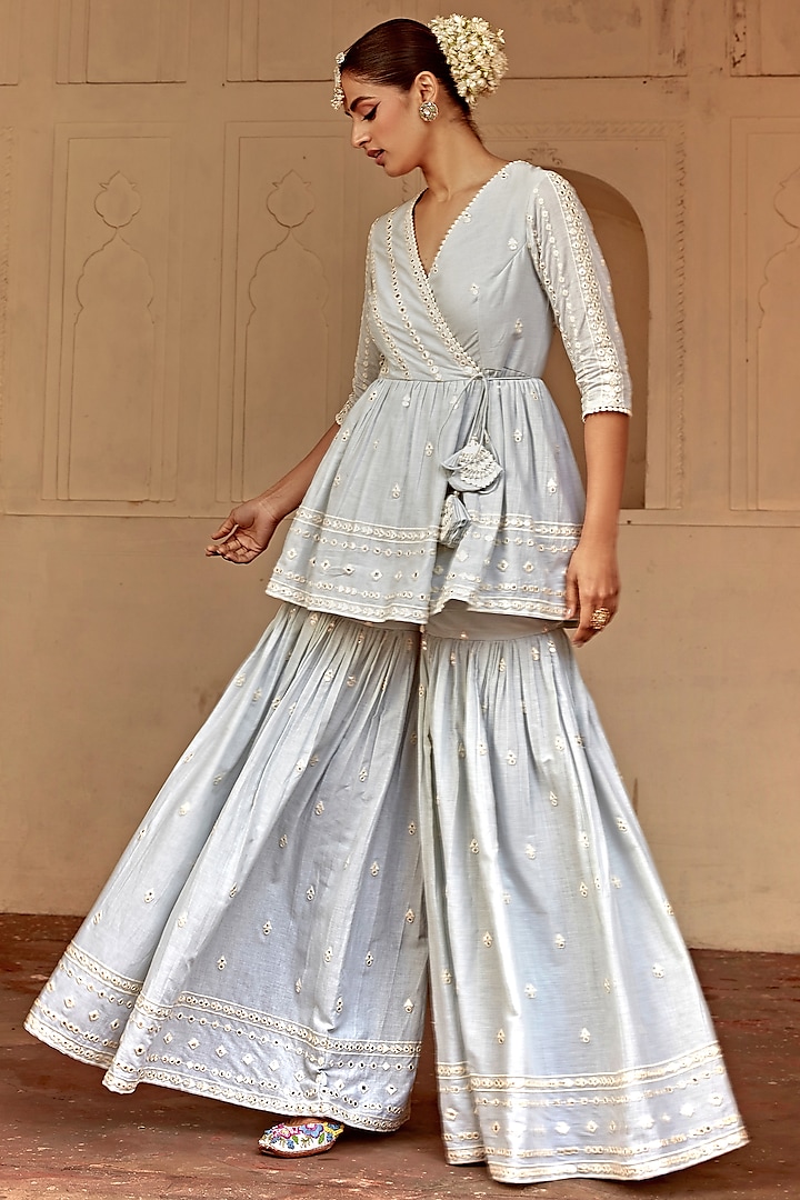 Ice Blue Cotton Mulmul Thread Work Sharara Set by PREEVIN at Pernia's Pop Up Shop