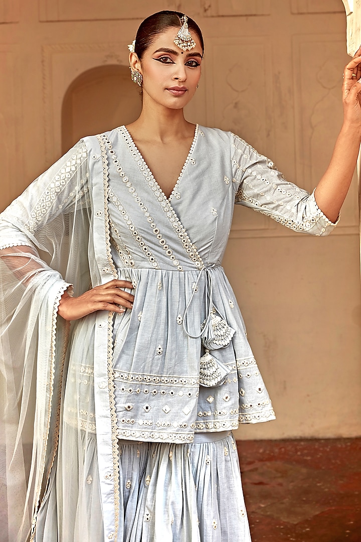 Ice Blue Cotton Mulmul Thread Work Sharara Set by PREEVIN at Pernia's Pop Up Shop