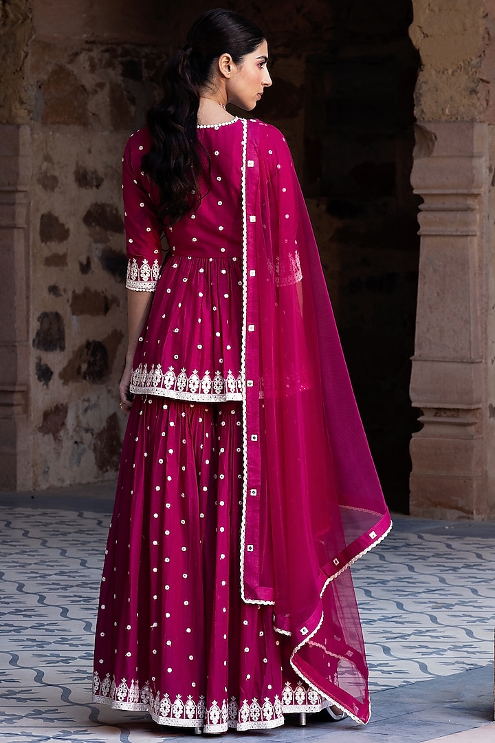 Fuchsia Cotton Mulmul Thread Work Sharara Set by PREEVIN at Pernia's Pop Up Shop