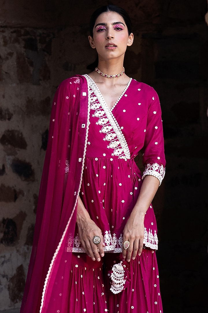Fuchsia Cotton Mulmul Thread Work Sharara Set by PREEVIN at Pernia's Pop Up Shop