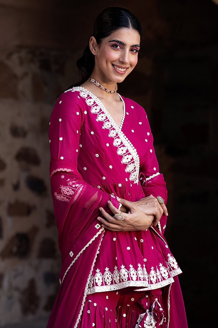 Fuchsia Cotton Mulmul Thread Work Sharara Set by PREEVIN at Pernia's Pop Up Shop