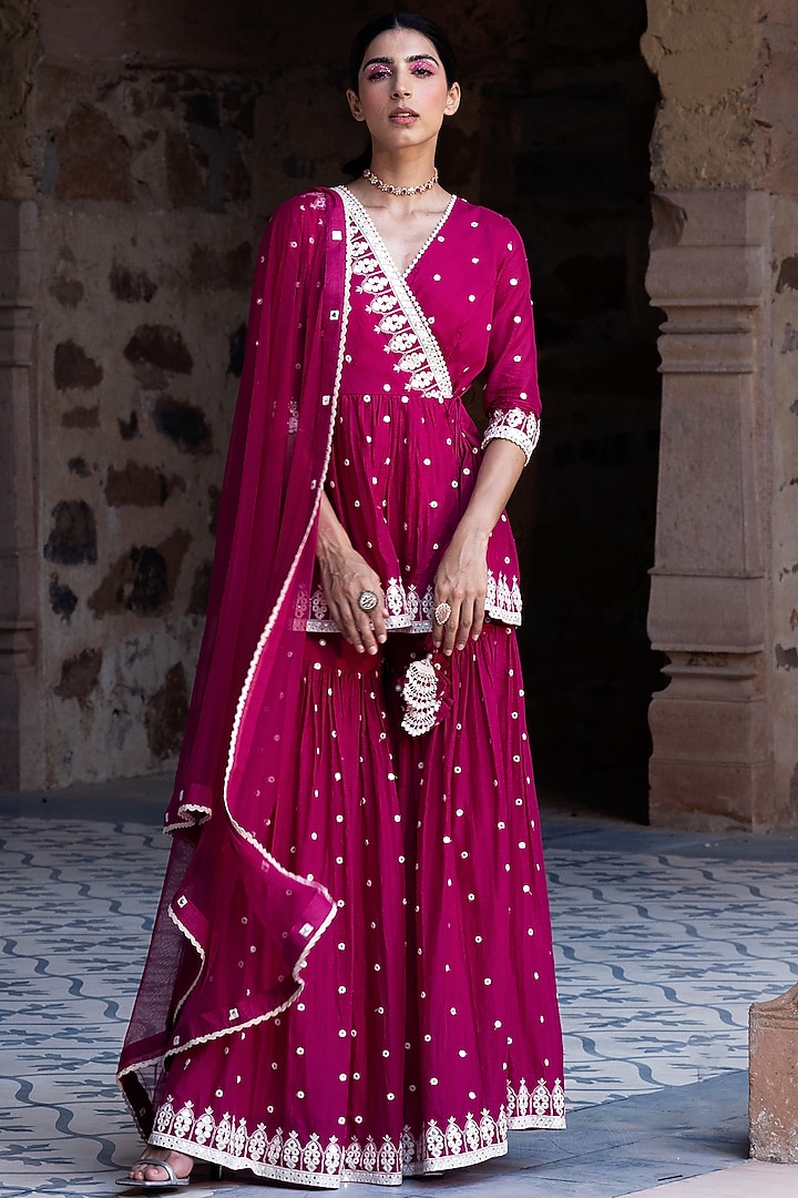Fuchsia Cotton Mulmul Thread Work Sharara Set by PREEVIN at Pernia's Pop Up Shop