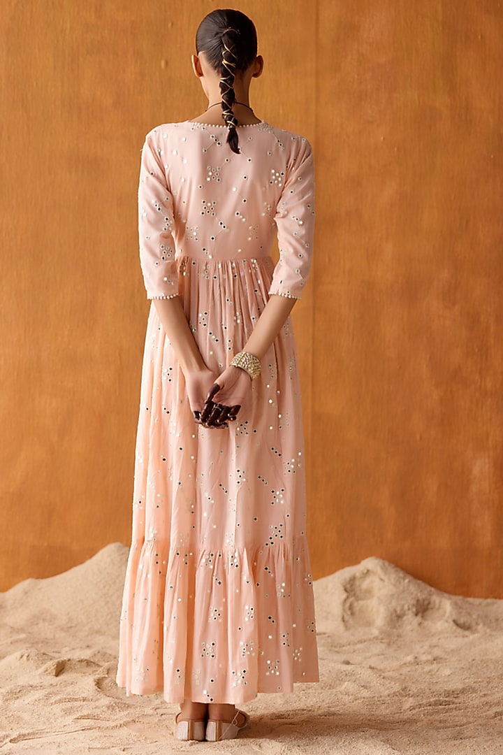 Blush Pink Cotton Mulmul Thread & Mirror Work Angrakha Party Wear Anarkali Set by PREEVIN at Pernia's Pop Up Shop
