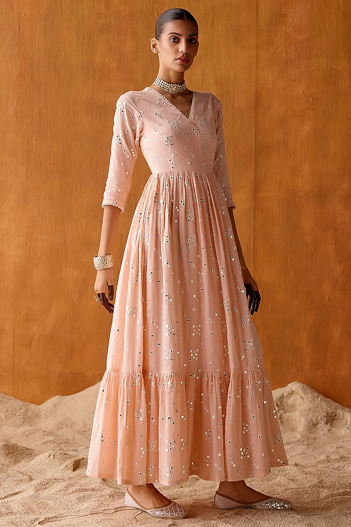 Blush Pink Cotton Mulmul Thread & Mirror Work Angrakha Party Wear Anarkali Set by PREEVIN at Pernia's Pop Up Shop