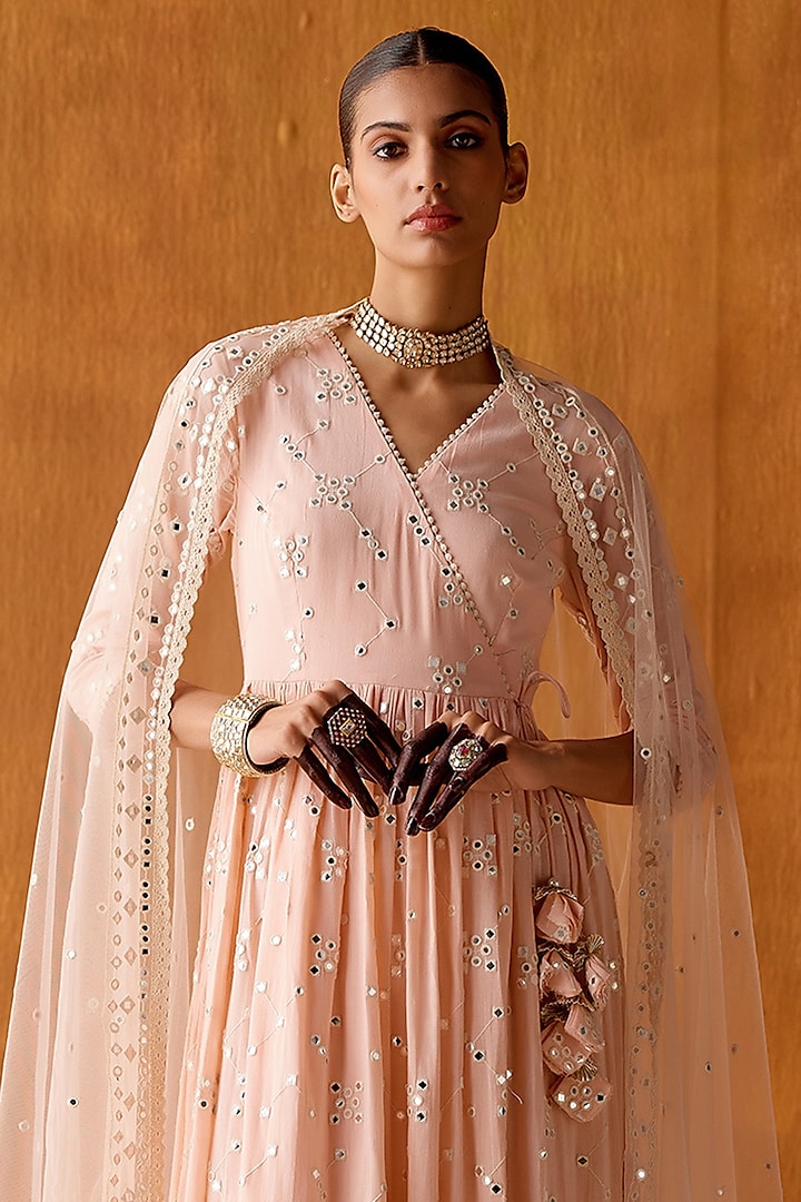 Blush Pink Cotton Mulmul Thread & Mirror Work Angrakha Party Wear Anarkali Set by PREEVIN at Pernia's Pop Up Shop