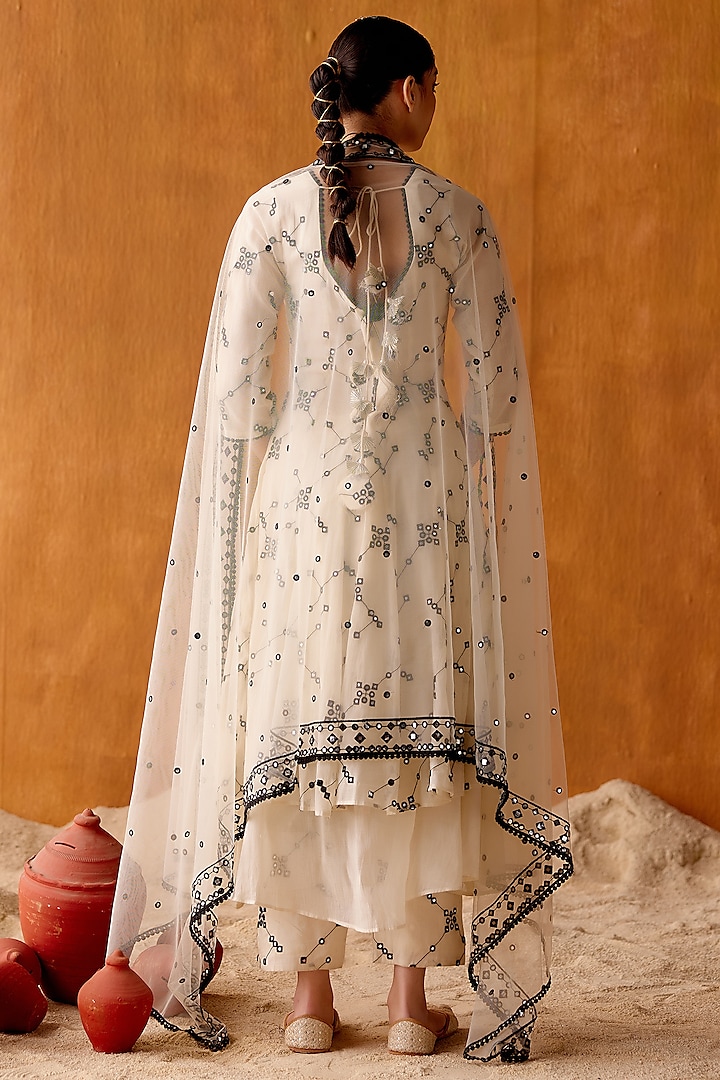 Black & White Cotton Mulmul Mirror Work Party Wear Anarkali Set by PREEVIN at Pernia's Pop Up Shop