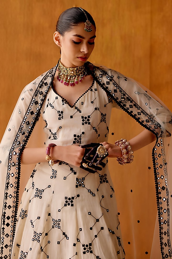Black & White Cotton Mulmul Mirror Work Party Wear Anarkali Set by PREEVIN at Pernia's Pop Up Shop