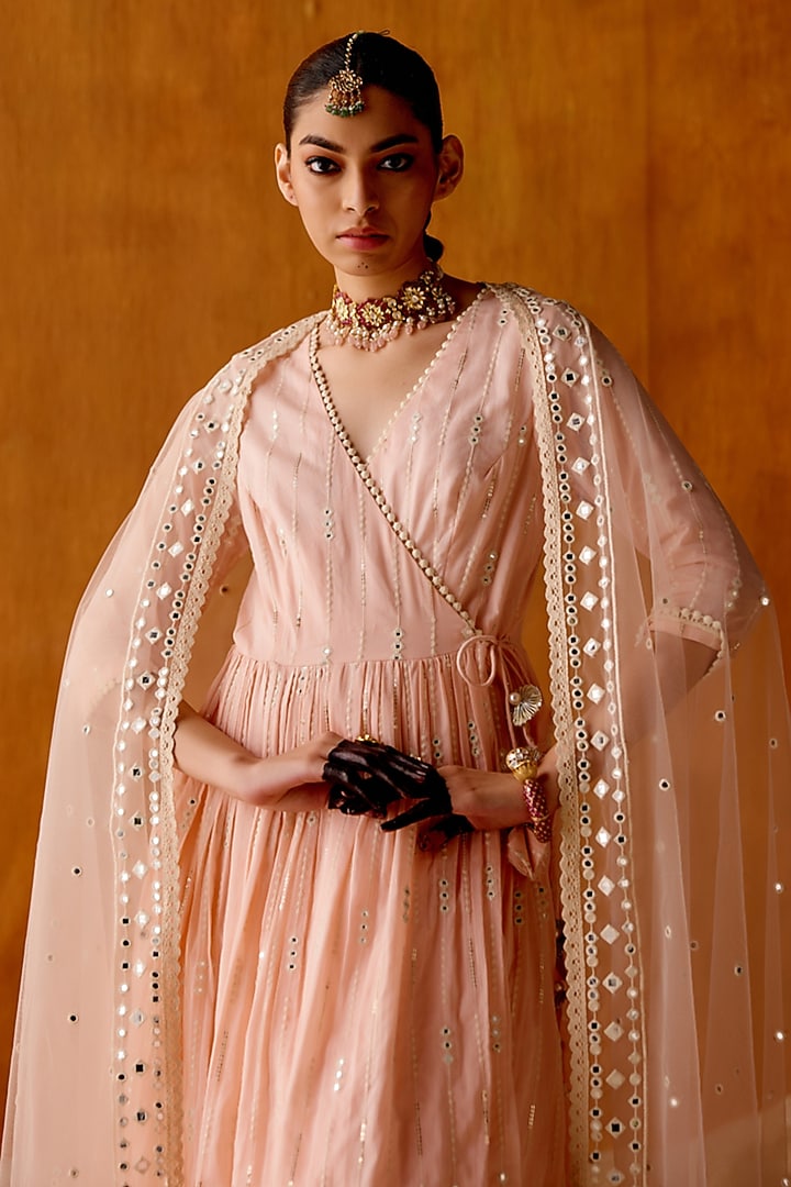Blush Pink Cotton Mulmul Thread & Mirror Work Party Wear Anarkali Set by PREEVIN at Pernia's Pop Up Shop