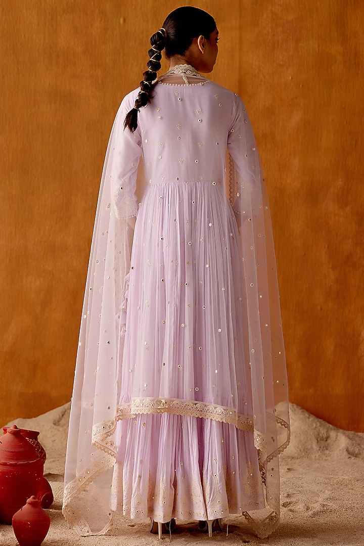 Lavender Cotton Mulmul Thread & Mirror Work Angrakha Party Wear Anarkali Set by PREEVIN at Pernia's Pop Up Shop