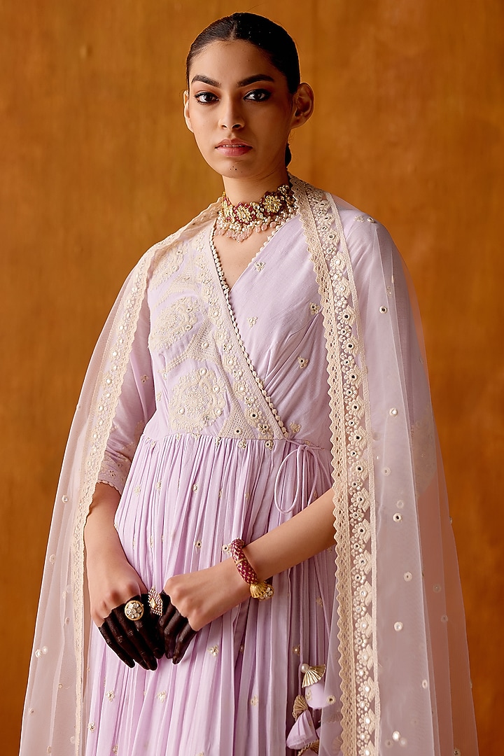 Lavender Cotton Mulmul Thread & Mirror Work Angrakha Party Wear Anarkali Set by PREEVIN at Pernia's Pop Up Shop