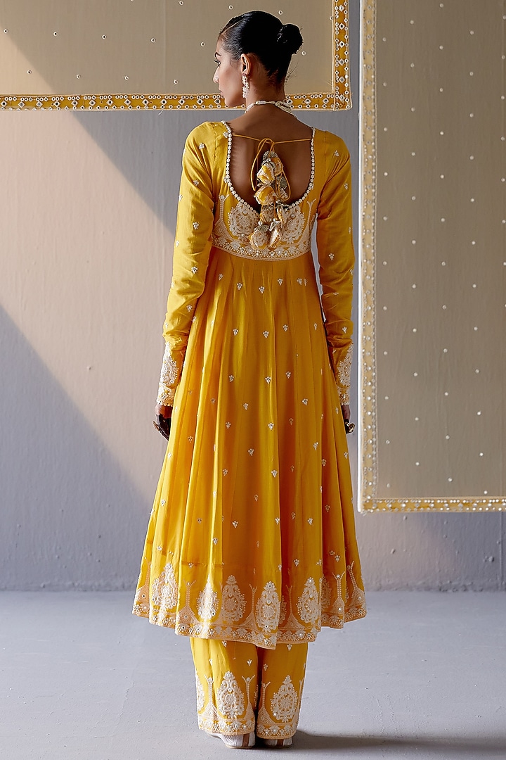 Mango Yellow Cotton Mulmul Thread & Mirror Work Party Wear Anarkali Set by PREEVIN at Pernia's Pop Up Shop