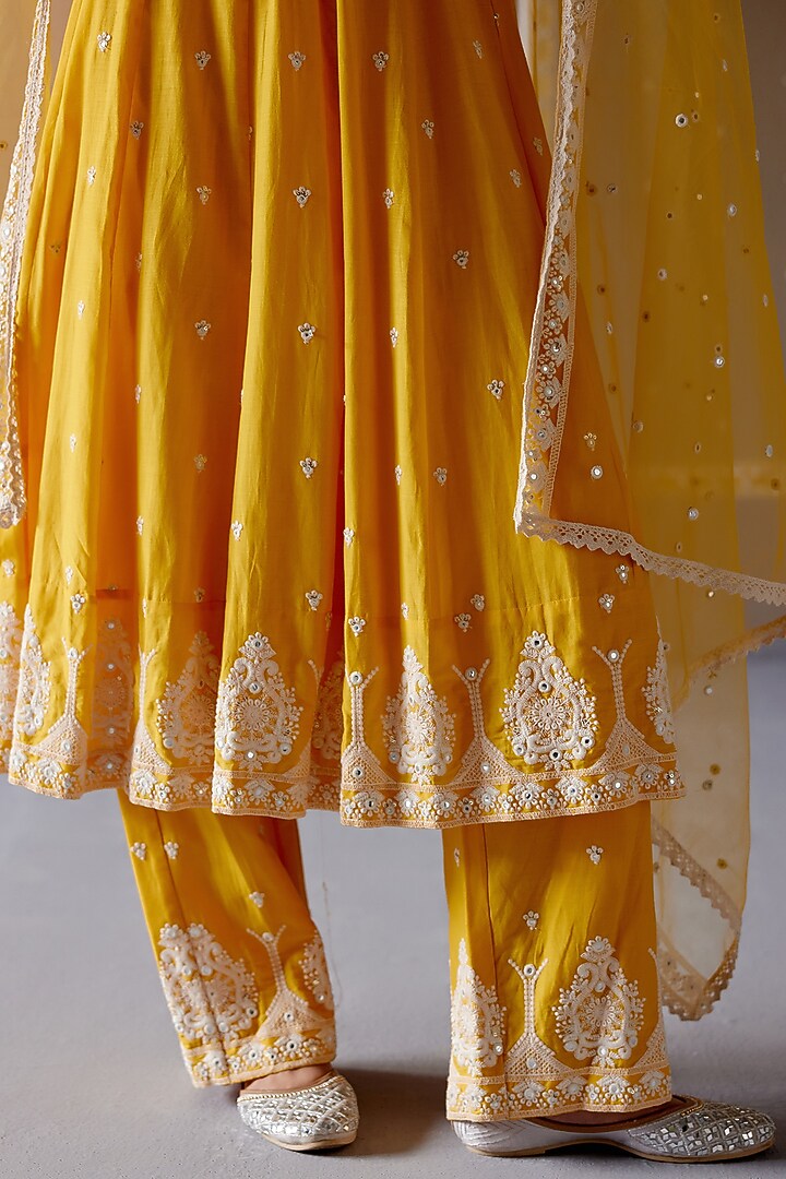 Mango Yellow Cotton Mulmul Thread & Mirror Work Party Wear Anarkali Set by PREEVIN at Pernia's Pop Up Shop