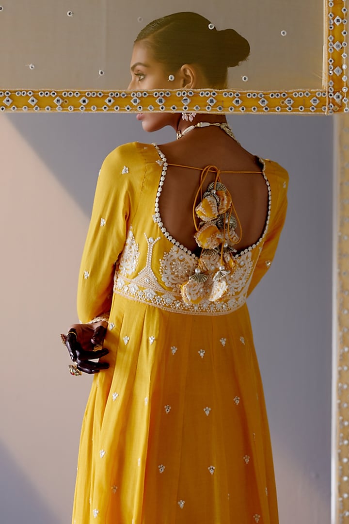 Mango Yellow Cotton Mulmul Thread & Mirror Work Party Wear Anarkali Set by PREEVIN at Pernia's Pop Up Shop