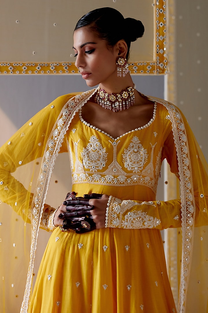 Mango Yellow Cotton Mulmul Thread & Mirror Work Party Wear Anarkali Set by PREEVIN at Pernia's Pop Up Shop