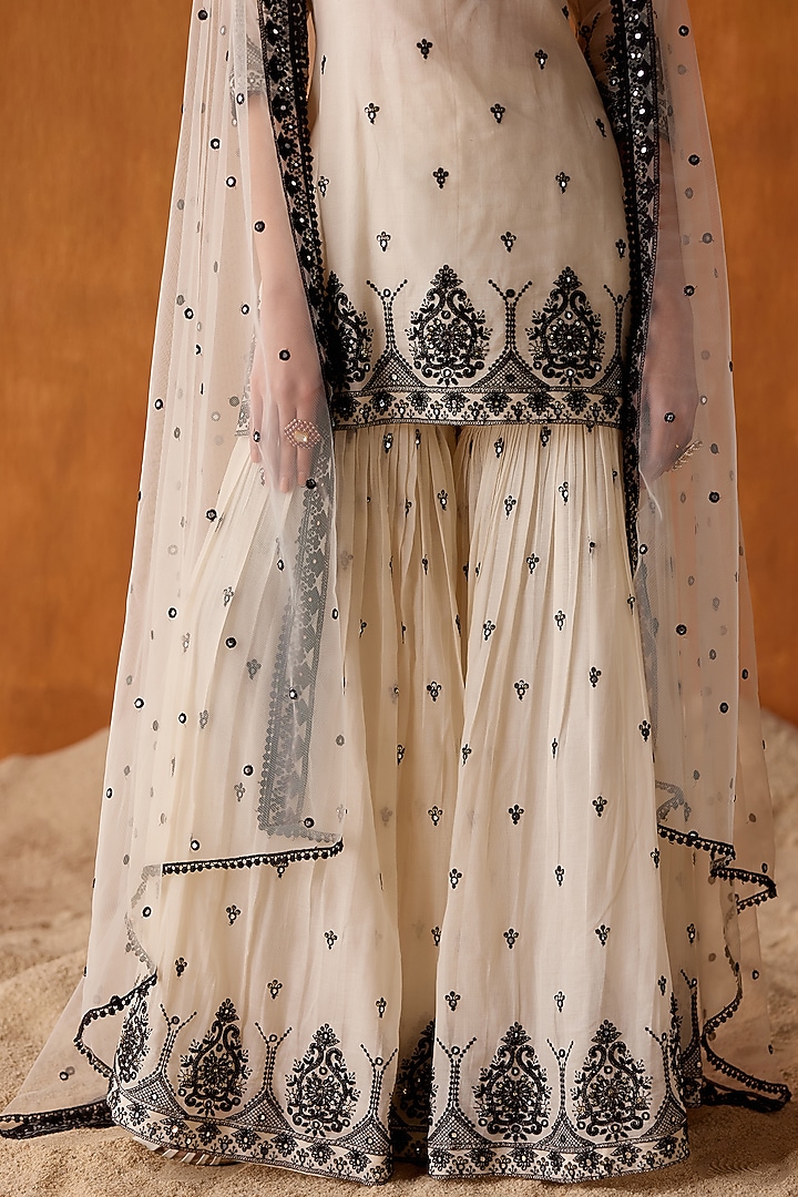 Black & White Cotton Mulmul Thread Work Party Wear Sharara Set by PREEVIN at Pernia's Pop Up Shop