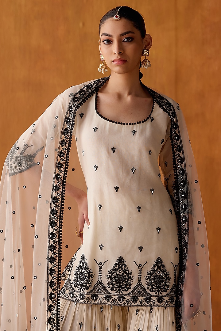Black & White Cotton Mulmul Thread Work Party Wear Sharara Set by PREEVIN at Pernia's Pop Up Shop