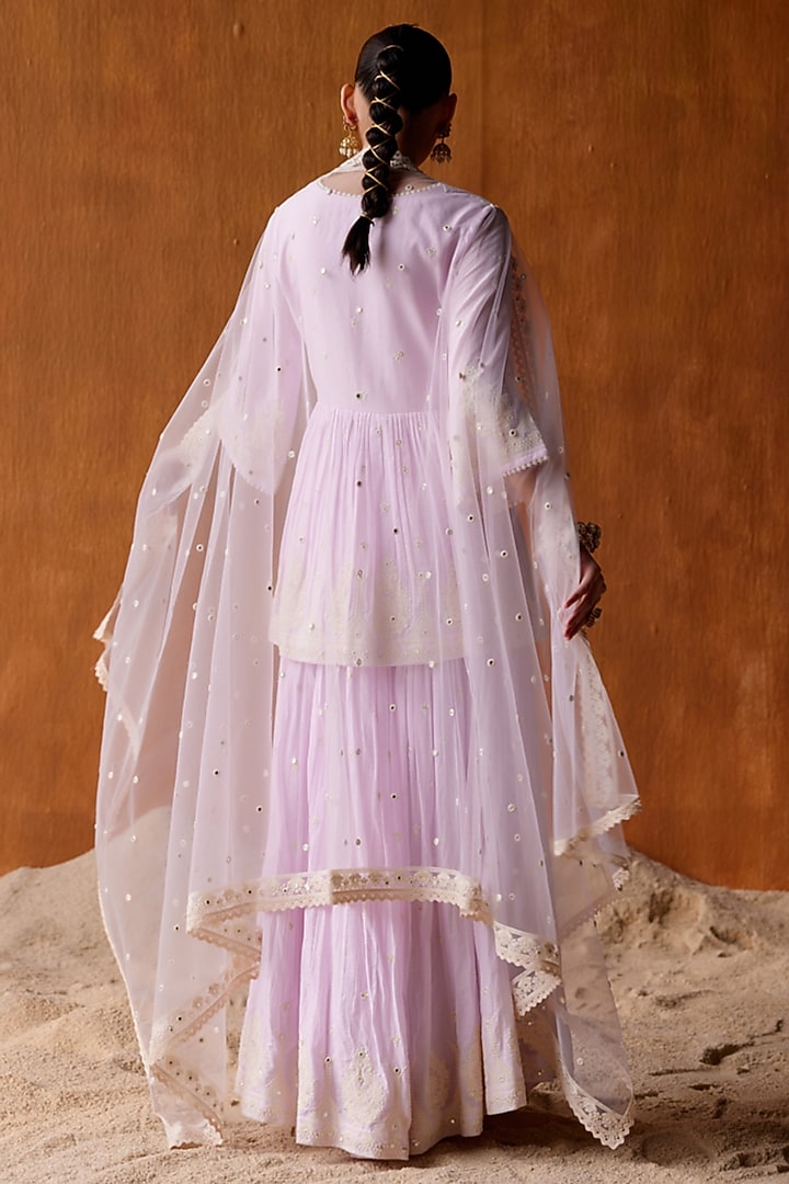 Lavender Cotton Mulmul Thread & Mirror Work Party Wear Sharara Set by PREEVIN at Pernia's Pop Up Shop