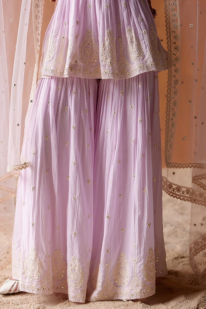 Lavender Cotton Mulmul Thread & Mirror Work Party Wear Sharara Set by PREEVIN at Pernia's Pop Up Shop