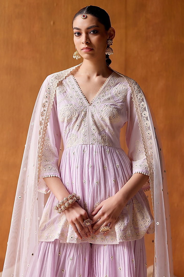 Lavender Cotton Mulmul Thread & Mirror Work Party Wear Sharara Set by PREEVIN at Pernia's Pop Up Shop